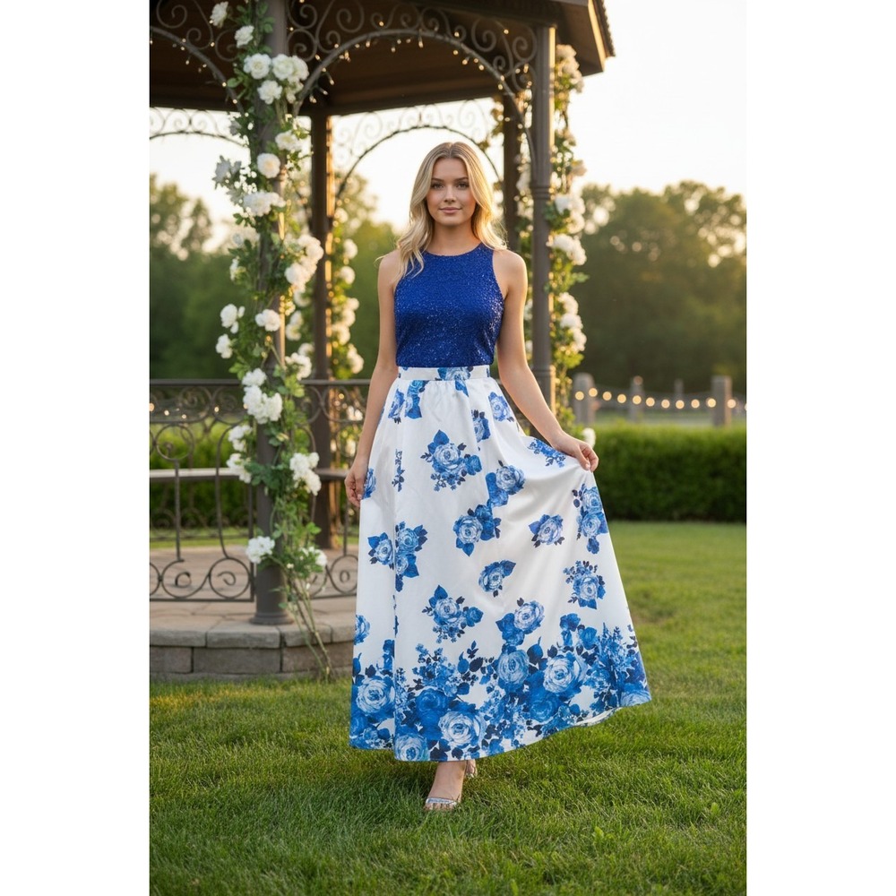Sequin Hearts 2-Piece Formal Gown Women Blue White Floral Lace Maxi Set Size 11